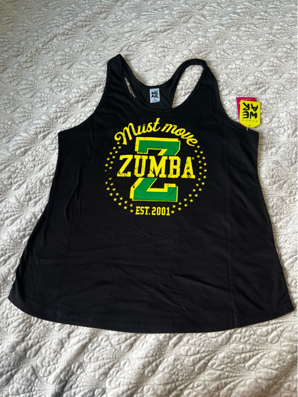 Zumba Fitness Zumba Must Move Black Tank with Neon Yellow Graphic Large Nwt